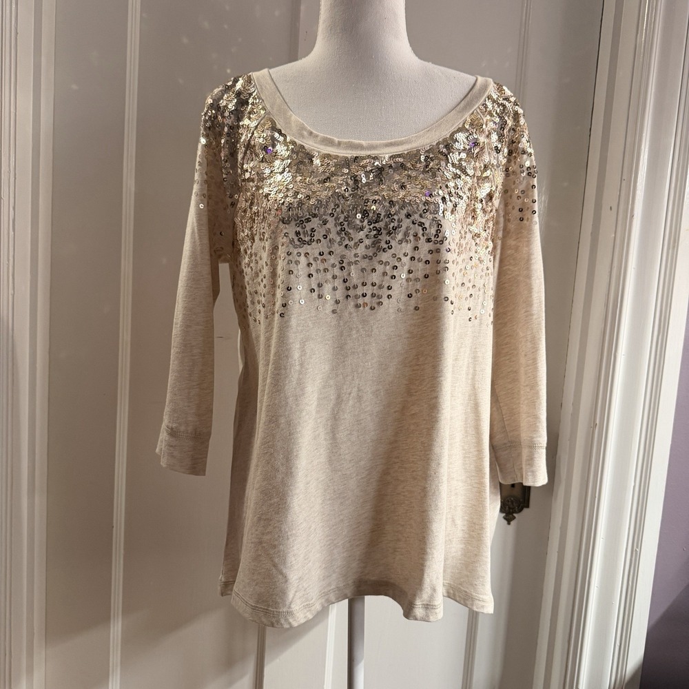 DKNY Jeans Women's Gold Sequin Oatmeal Heather 3/4 Sleeve Top Size L
